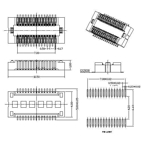0.5mm Board to Board connector, 30PIN Female without locating pegs Spring type, mating Height=2.0mm
