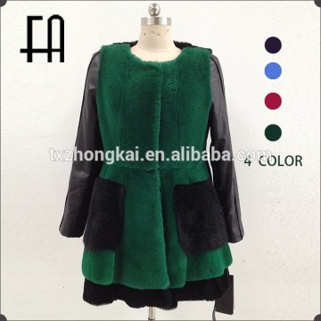 Factory direct wholesale fashion rex rabbit fur coat with leather sleeve
