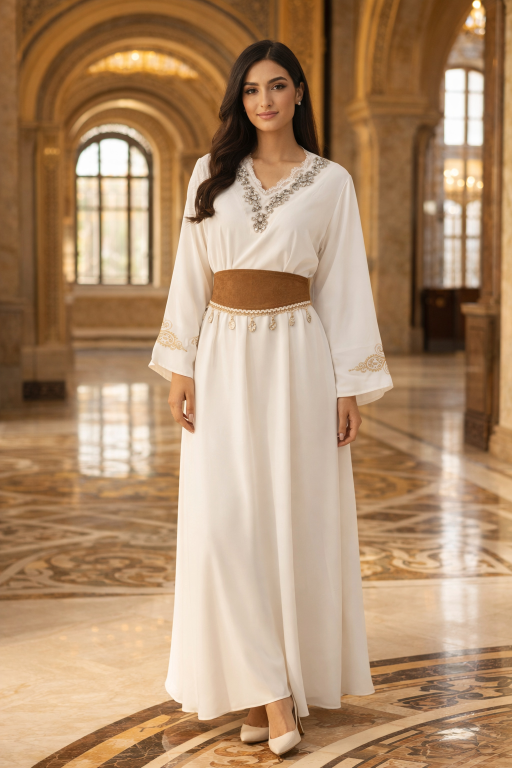 white embellished lace abaya full front view
