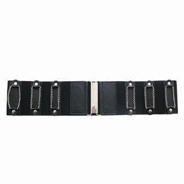 Black Elastic Belt with PU Patches, Decorated with Chains and Rivets