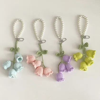 Korean Style Creative Cute Girl's Pearl Chain Wool Crochet Lanling Flower String Keychains