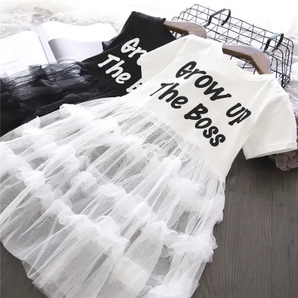 Short sleeve mesh stitching new style kids clothes girls dressesbig girls clothing