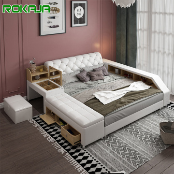 Modern Queen Size Leather Bed with Storage Box and Makeup Mirror