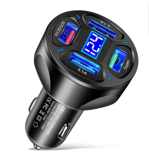 Multi-purpose 66W 4USB Car Charger with Digital Display and Super Fast Charging for Various Phones