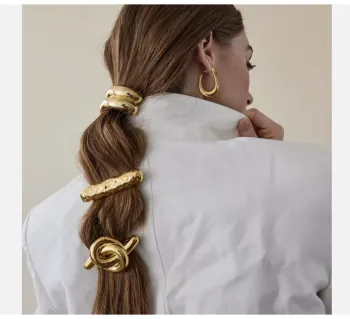 J&D New Trend Gold Stainless Steel Chunky Semi-circular Arc-shaped Glossy Black Rubber Band Hair Ties