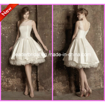 Sheer Straps Wedding Dresses Knee Length A-Line Satin Organza Little White Ivory Beach Wedding Dresses W343