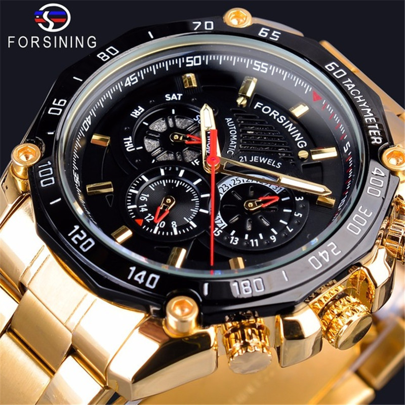 Forsining Stainless Steel Men's Automatic Mechanical Watch with Week, Date Display, and Luminous Design