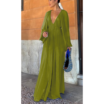 New Fashion V-Neck Long Lantern Sleeve Ruffled Waist Chiffon Resort Style Solid Casual Dress
