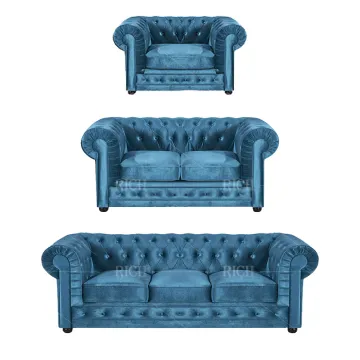 Blue Velvet Fabric Button Tufted Chesterfield Loveseat Sofa