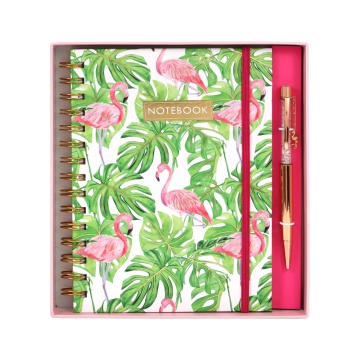 cahier sur le thème du flamant et co-coffret de papeterie à stylo