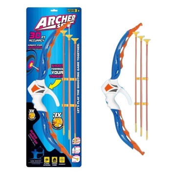 2024 Kids Archery Targets & Safety Toy Bow and Arrow Set with Compound Bow Equipment, packaged in a Tie Card