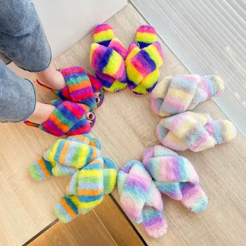 Warm Multicolor Faux Fur Indoor Slippers for Women