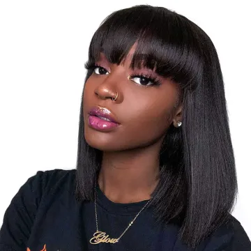 Wholesale Short Bob Wigs With Bangs Human Hair Glueless Bob Bang Wigs 150% Density Natural Color None Lace Front Wigs