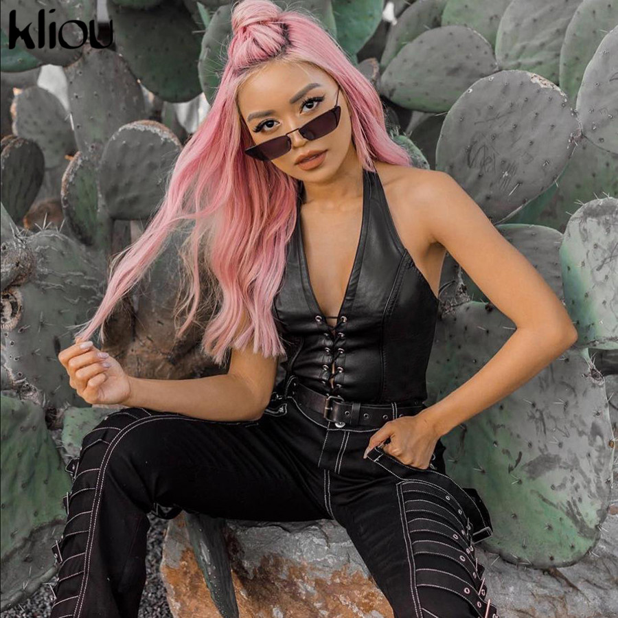 Kliou 2019 new fashion Sexy black PU leather Bandage hollow out crop tops women camisole stretch tees Slim Soft tank tops