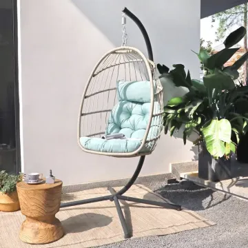 Foldable Rattan Egg Shaped Patio Swing Chair with Stand