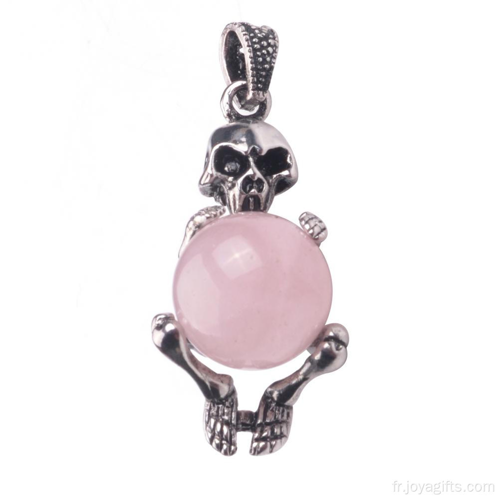 Collier pendentif crâne en argent avec quartz rose naturel