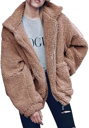 Casual coat lapel wool plush faux wool zipper coat