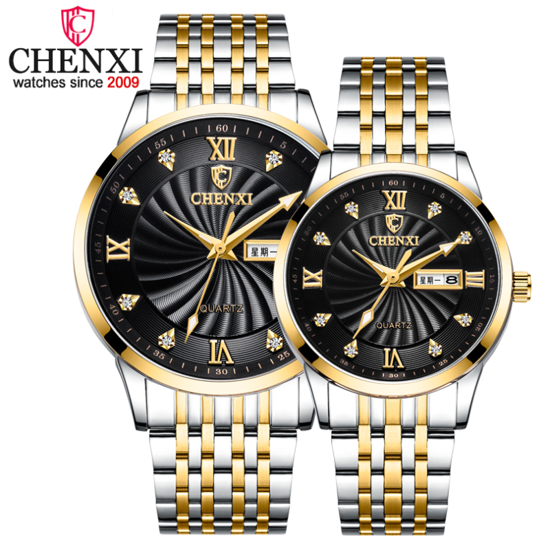 CHENXI 8212A-QL Luxury Couple Quartz Watch Set - Gold Stainless Steel