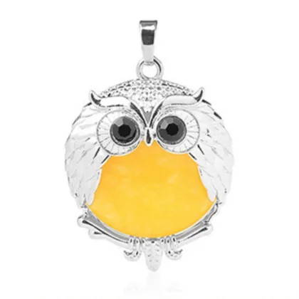 Yellow Jade 24mm Beads Silver Owl Pendant