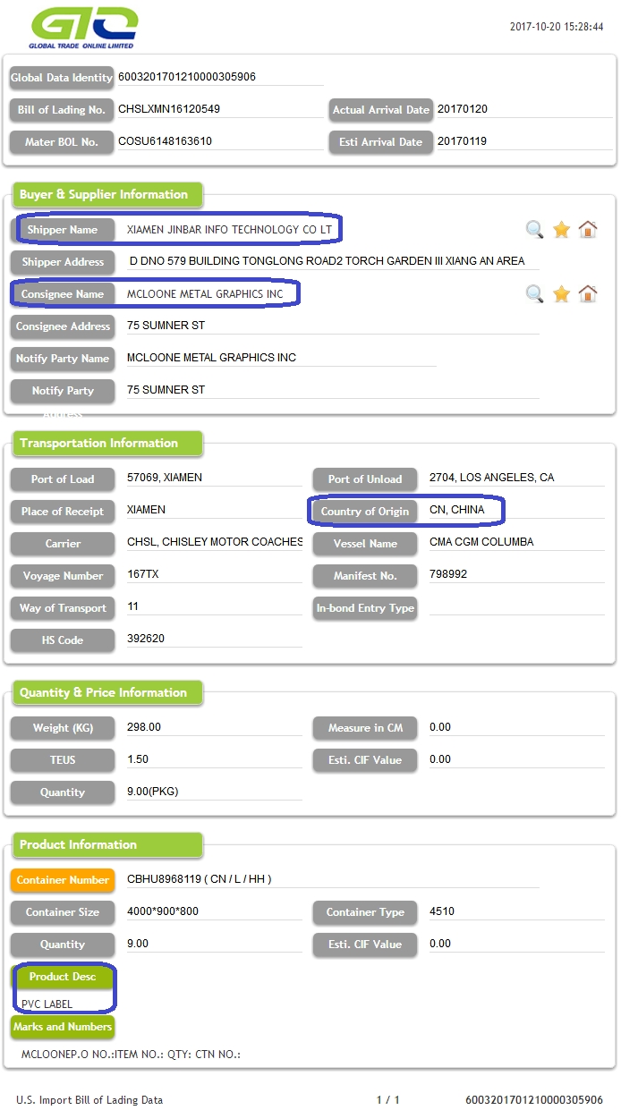 PVC-etikett-USA importdata