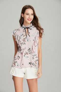 new fashion ladies front frill printed viscose blouse