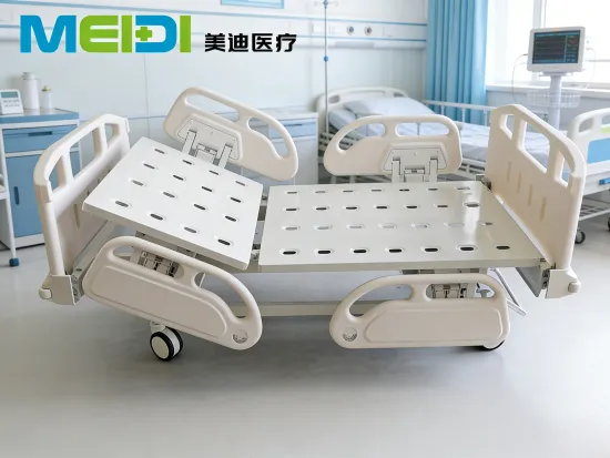 Punching Single Crank Hospital Bed, Grey Sticker Head&Foot Board, Three-Hollow, Four Guardrails, Central Control Brake