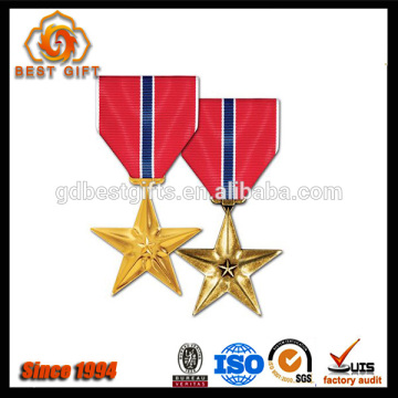 Silver Star Military Gold Plated Custom Emblem Medal With Ribbon Pin