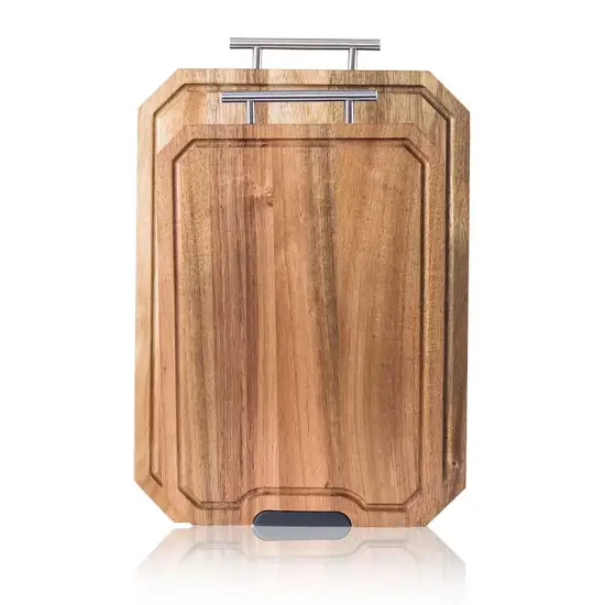 Acacia Wood Cutting Board Set: 2-Piece Chopping Board with Juice Groove and Metal Handle for Cheese, Charcuterie Serving Trays