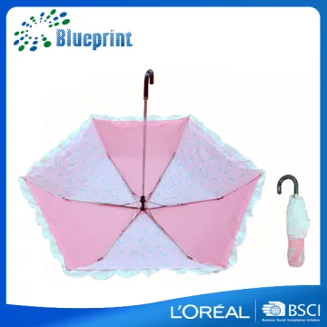 frilling fancy pink curved handle lace girl fold umbrella