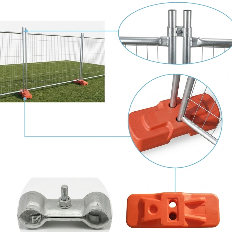 temporary fence base and clamp accessories for construction panels