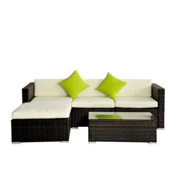 5 Piece Rattan Sectional Set with Cushion - Outdoor Garden Corner Sofa