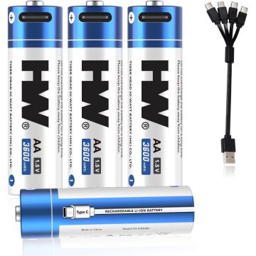 باتری لیتیومی قابل شارژ USB-C 4 بسته AA 3800 میلی‌وات ساعت