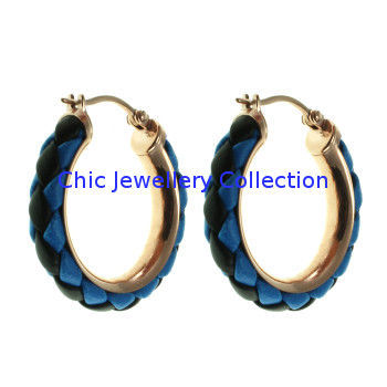 E359-3 Stainless Steel Hinged Hoop Earrings With Blue And Black Leather, Stainless Steel Hoop Earrings