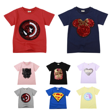 Children Girl Boy T-Shirts Kids Magic Sequins Reversible Baby T Shirt Girls Unicorn Boys Superhero Tops Iron Spider Man Tshirt