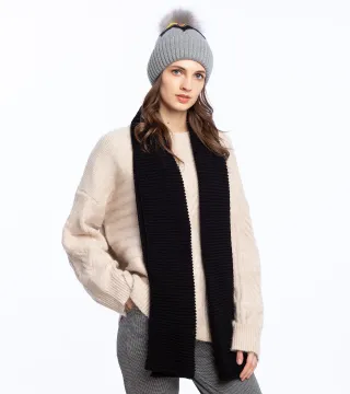 Winter Fashion: Knit Long Scarf with Angora Fleece Lined Beanie and Fur Pom Poms