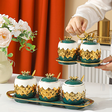 Gold-Stand Ceramic Storage Jar Set for Kitchen Condiments and Beverages