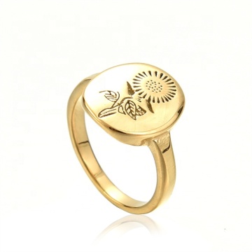 Yiwu aceon stainless steel emas berlapis oval medali cincin bunga matahari yang dipersonalisasi