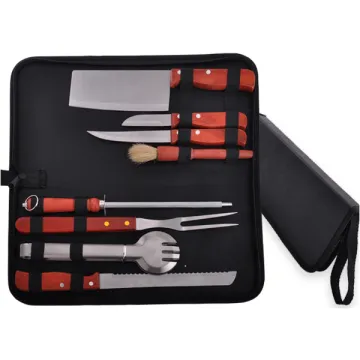 Wood Handle Knives and BBQ Tools Set with Carry Bag - 8 Pieces