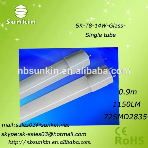 high brightness 14w T8 LED glass tube smd2835 900mm with 2 years warranty