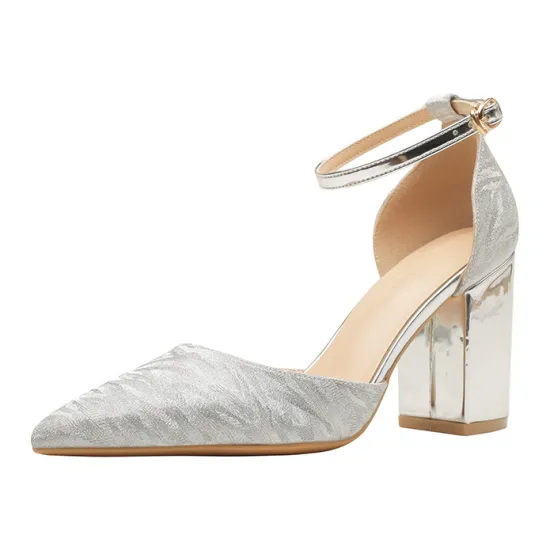 Handmade Large Size 43 Silver Wedding Shoes with Thick Heel and Hollow Out Design for Bridesmaids and Banquet Attire