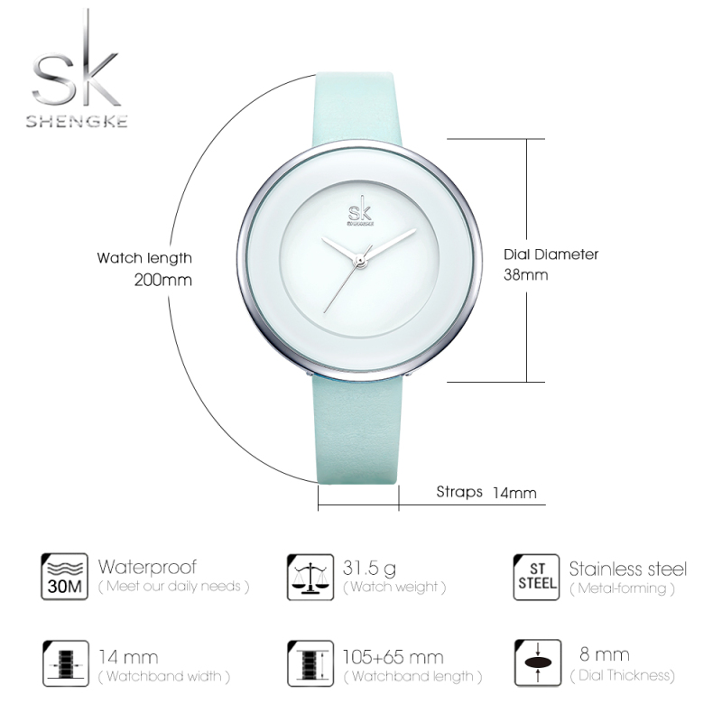 SHENGKE K0084 New Skyblue Leather Strap Women's Watch - Luxury Quartz Dial for Girls