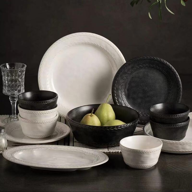 Elegant Black and White Ceramic Dinnerware with Textured Design