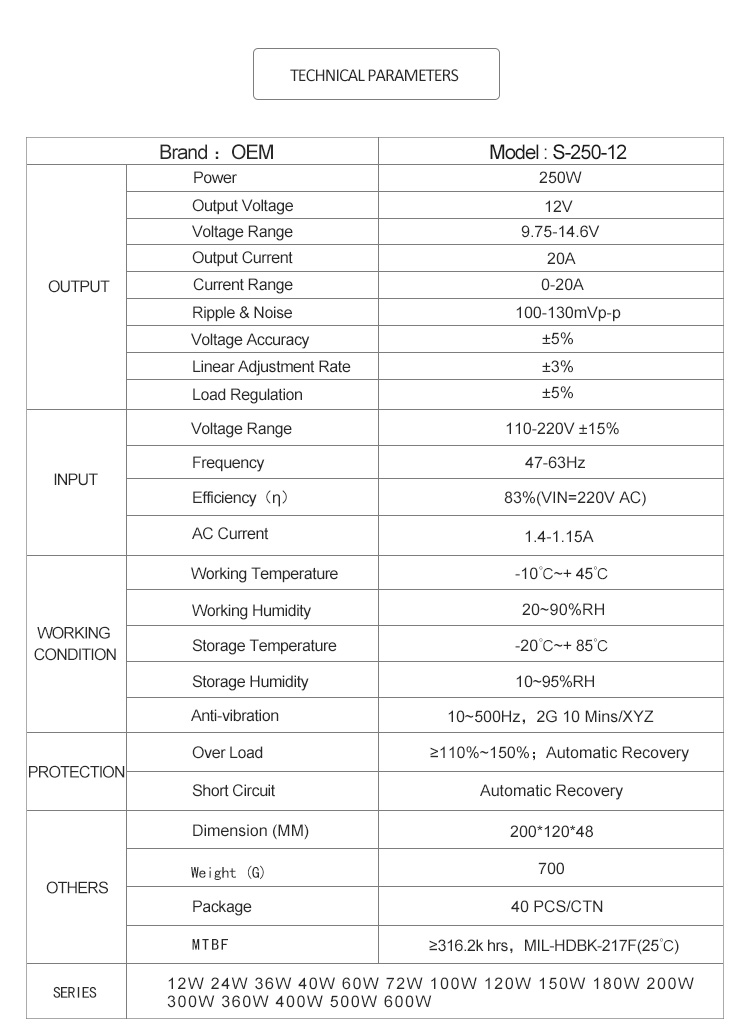 12v 20a 250w lcd swithing power charger supply