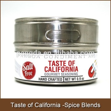 Taste of california-gourmet spice blends in megnetic stainless steel can with 2 puring options for shaking and pouring