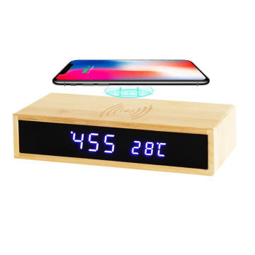 Custom LOGO Bamboo LED Clock with Wireless Charging