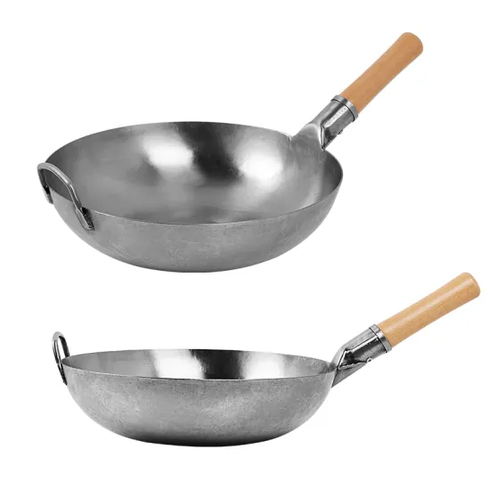 Handmade Carbon Steel Traditional Cantonese Wok - Various Sizes, Wooden Handle, No Coating