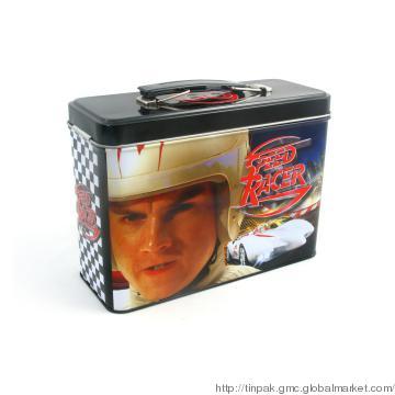 Hinged rectangular DVD tin box with handle