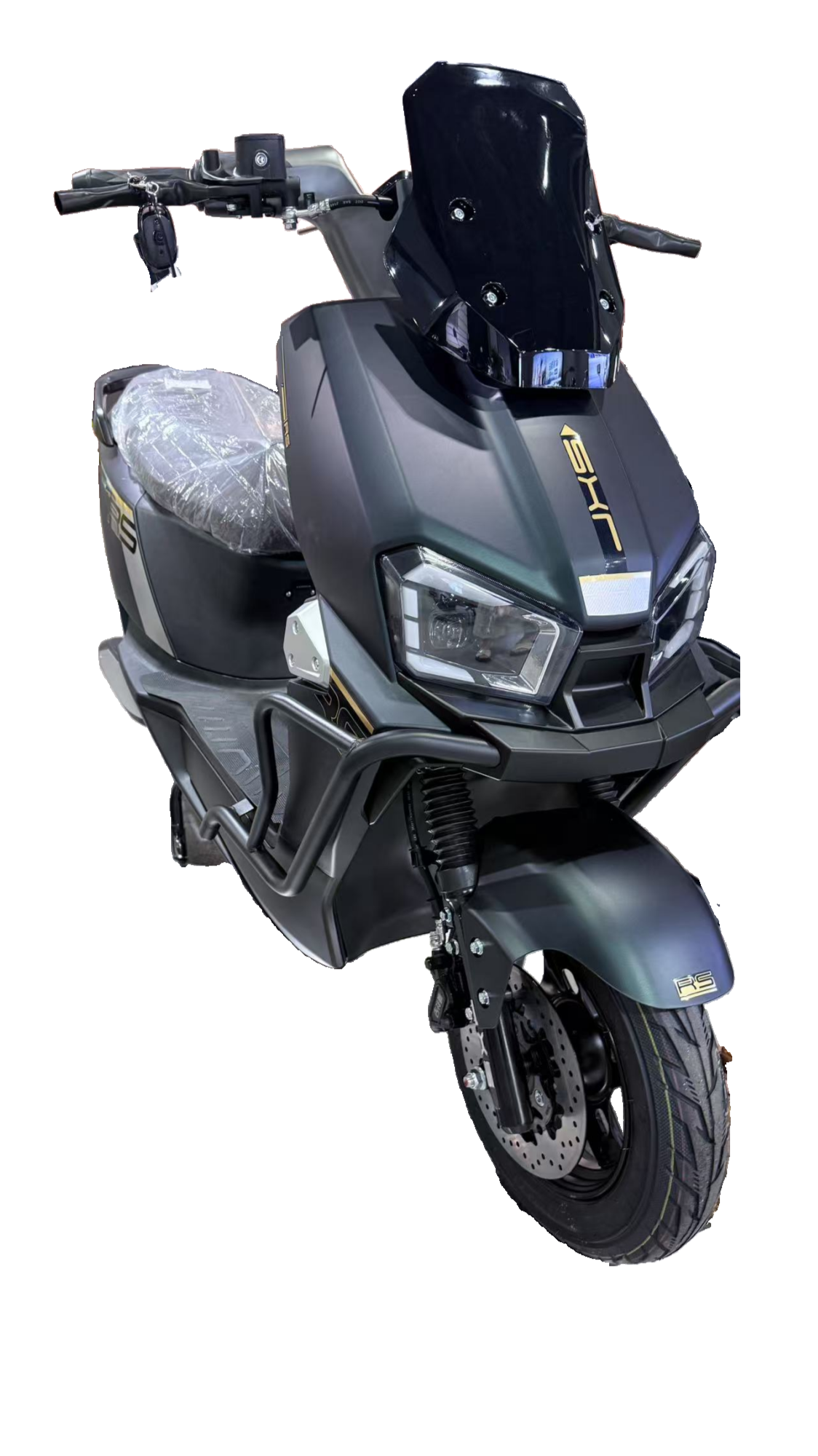 Electric Motorcycle with Windshield and Wrapped Seat