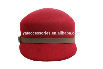 Ladies red color cap hats, 100% wool felt hats, beautiful hat designed with belt