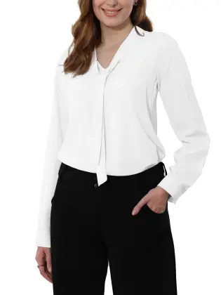 Women's Bow Tie Neck Chiffon Blouses Dressy Work Shirt Long Sleeve Casual Office Wear